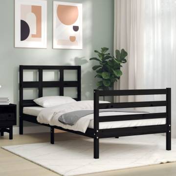 Black Single Bed Frame with Headboard - Solid Pine Wood