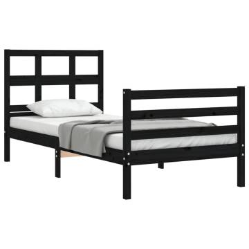 Black Single Bed Frame with Headboard - Solid Pine Wood