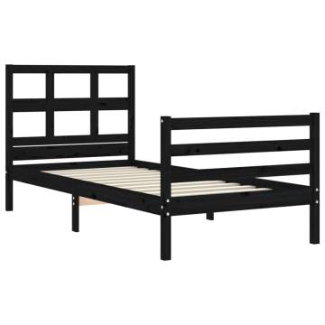 Black Single Bed Frame with Headboard - Solid Pine Wood