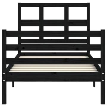 Black Single Bed Frame with Headboard - Solid Pine Wood