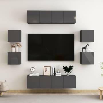 8 Piece High Gloss Grey TV Cabinet Set - Stylish Home Storage