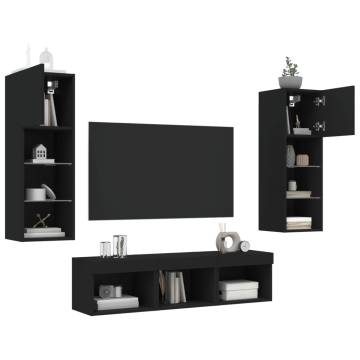 5 Piece TV Wall Units with LED - Black Engineered Wood