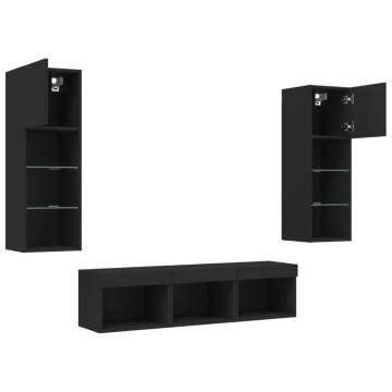 5 Piece TV Wall Units with LED - Black Engineered Wood