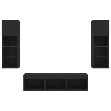 5 Piece TV Wall Units with LED - Black Engineered Wood