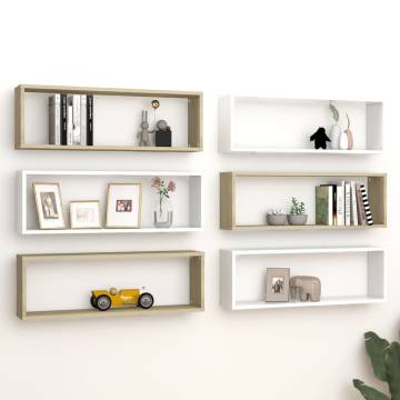 Wall Cube Shelf Set - 6 PCS White & Sonoma Oak | Hipomarket