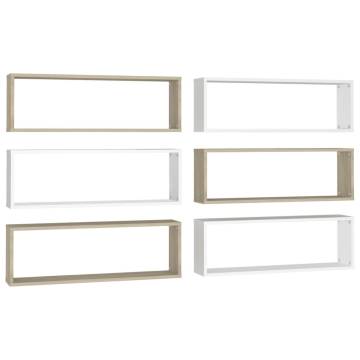 Wall Cube Shelf Set - 6 PCS White & Sonoma Oak | Hipomarket