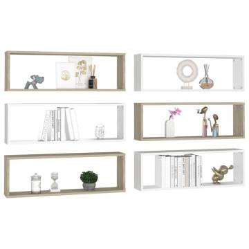 Wall Cube Shelf Set - 6 PCS White & Sonoma Oak | Hipomarket