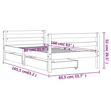 Elegant Kids Bed Frame with Drawers - Solid Pine Wood 80x160 cm