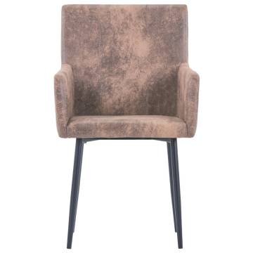 Elegant Brown Faux Suede Dining Chairs with Armrests - 2 pcs