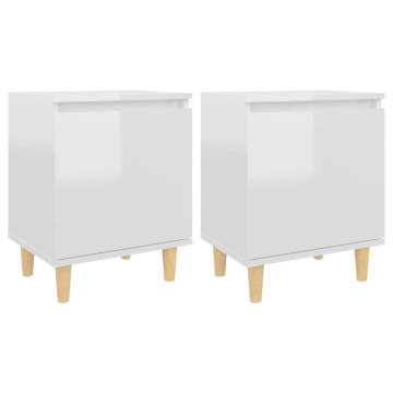 Stylish Bed Cabinets with Solid Wood Legs - 2 pcs High Gloss White