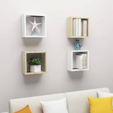 Wall Cube Shelves - 4 pcs White & Sonoma Oak | Hipomarket