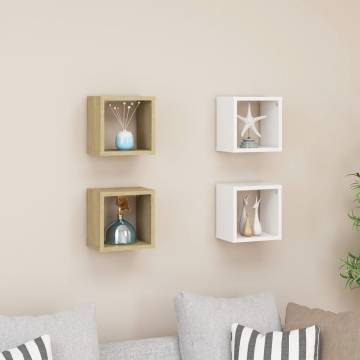 Stylish Wall Cube Shelves 4 pcs in White & Sonoma Oak