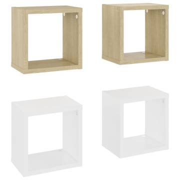 Stylish Wall Cube Shelves 4 pcs in White & Sonoma Oak