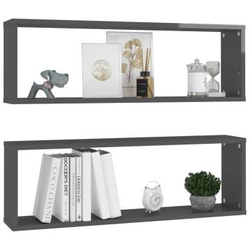 Elegant High Gloss Grey Wall Cube Shelf Set - 2 pcs