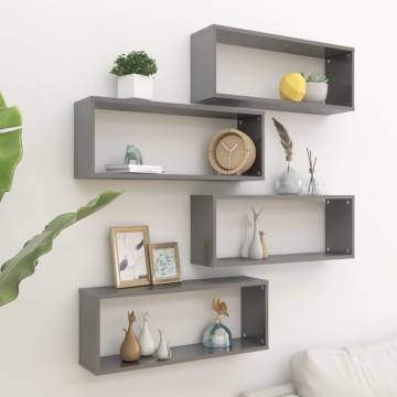 High Gloss Grey Wall Cube Shelf Set - 4 pcs | Hipomarket