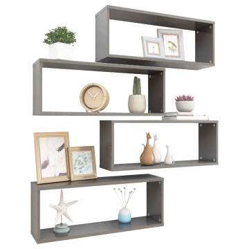 High Gloss Grey Wall Cube Shelf Set - 4 pcs | Hipomarket