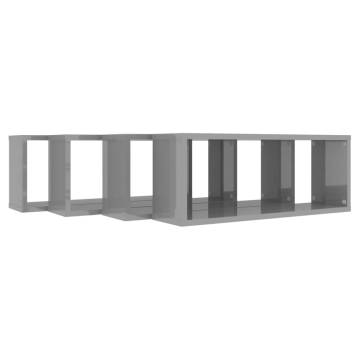 High Gloss Grey Wall Cube Shelf Set - 4 pcs | Hipomarket