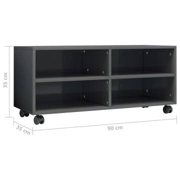 TV Cabinet with Castors - High Gloss Grey, 90x35x35 cm