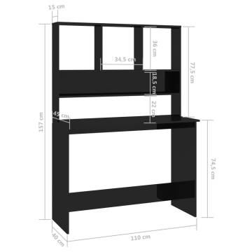 High Gloss Black Desk with Shelf - 110x45x157 cm