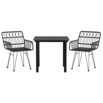 3 Piece Black Poly Rattan Garden Dining Set - Hipomarket