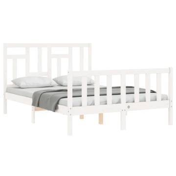 White Double Bed Frame with Headboard - Solid Pine Wood