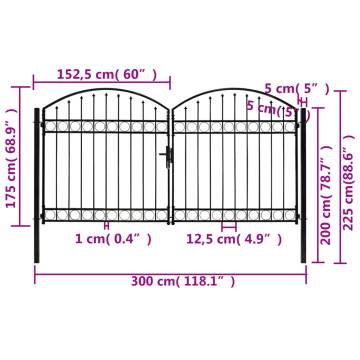 Double Door Garden Gate with Arched Top - 300x175cm Black