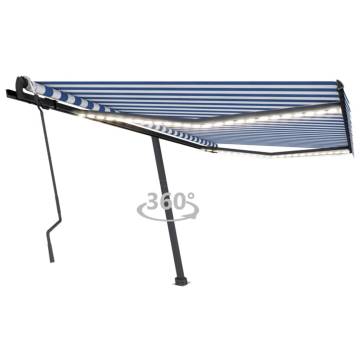 Manual Retractable Awning with LED - Blue & White 450x300 cm