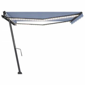 Manual Retractable Awning with LED - Blue & White 450x300 cm