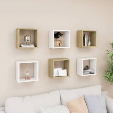 Wall Cube Shelves (6 pcs) - White & Sonoma Oak - 26x15x26 cm