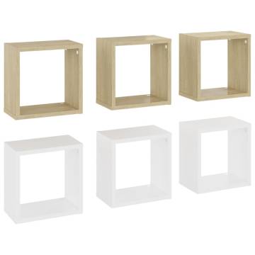 Wall Cube Shelves (6 pcs) - White & Sonoma Oak - 26x15x26 cm