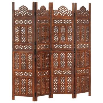 Hand Carved 4-Panel Room Divider - Elegant Brown Wood Screen