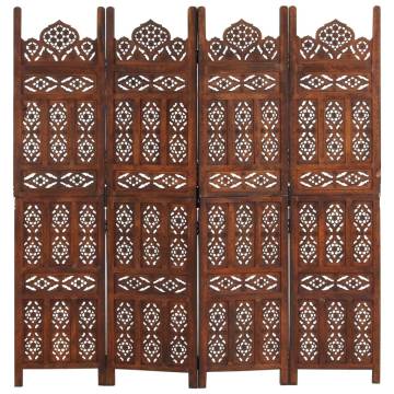 Hand Carved 4-Panel Room Divider - Elegant Brown Wood Screen