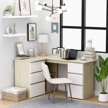 Corner Desk White and Sonoma Oak - Space-Saving Workstation