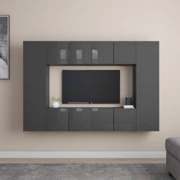 8 Piece High Gloss Grey TV Cabinet Set - Stylish & Practical