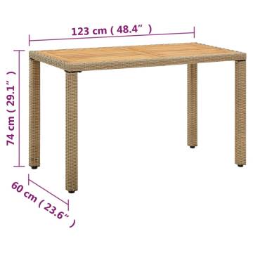 Beige Garden Table 123x60 cm - Poly Rattan & Acacia Wood