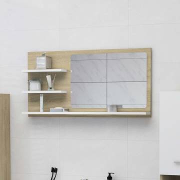 Stylish Bathroom Mirror in White & Sonoma Oak | 90x10.5x45 cm