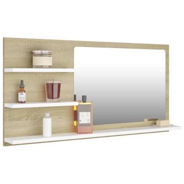 Stylish Bathroom Mirror in White & Sonoma Oak | 90x10.5x45 cm