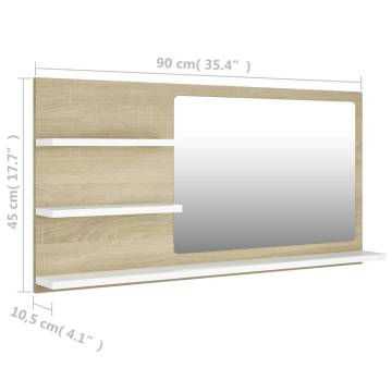 Stylish Bathroom Mirror in White & Sonoma Oak | 90x10.5x45 cm