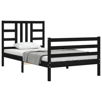 Black Single Bed Frame with Headboard - Solid Pine Wood