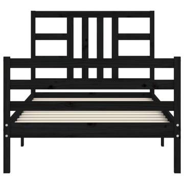 Black Single Bed Frame with Headboard - Solid Pine Wood