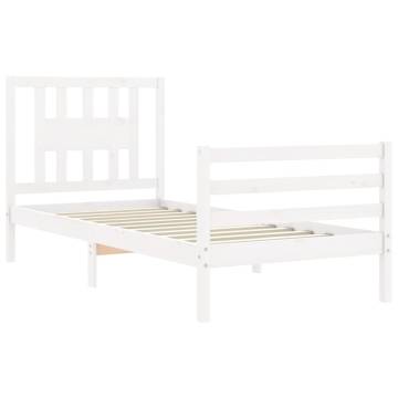 White Small Single Bed Frame with Headboard - Solid Wood