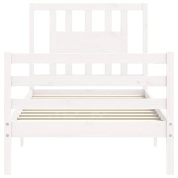 White Small Single Bed Frame with Headboard - Solid Wood