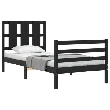 Black Small Single Bed Frame with Headboard - Solid Wood