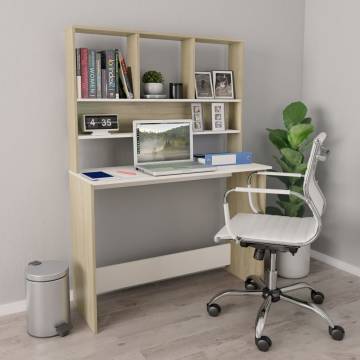 Stylish Desk with Shelf - White & Sonoma Oak | 110x45x157 cm