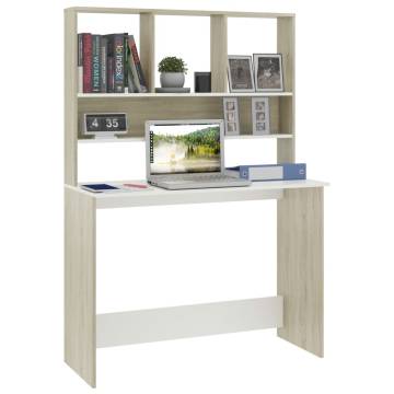 Stylish Desk with Shelf - White & Sonoma Oak | 110x45x157 cm