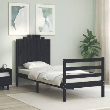 Black Small Single Bed Frame with Headboard - Solid Pine Wood