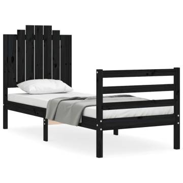 Black Small Single Bed Frame with Headboard - Solid Pine Wood