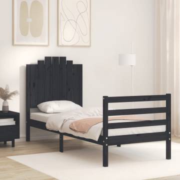 Black Small Single Bed Frame with Headboard - Solid Pine Wood