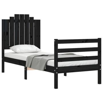 Black Small Single Bed Frame with Headboard - Solid Pine Wood