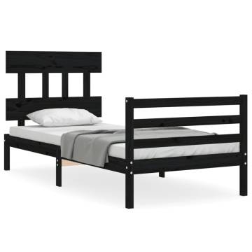 Black Small Single Bed Frame with Headboard - Solid Wood